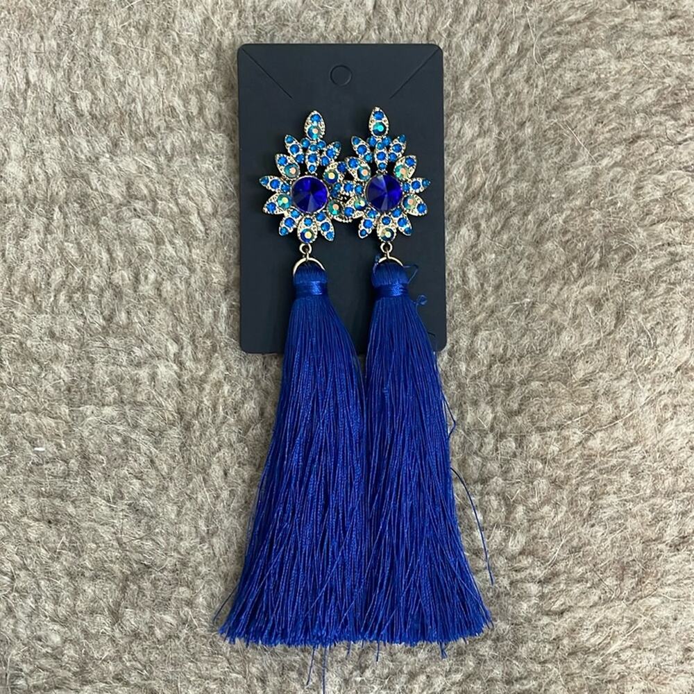 Natasha Tassel Fringe Rhinestone Dangle Statement Earrings‎ Blue